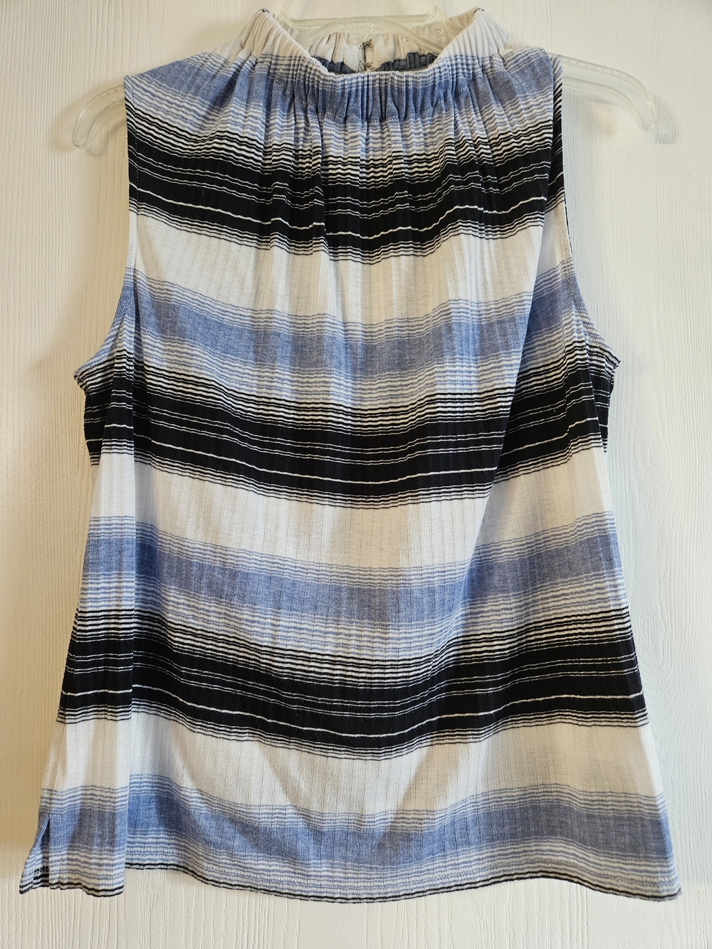 Sleeveless Striped Mock-Neck Top in Blue, Black & White. With Open Back.